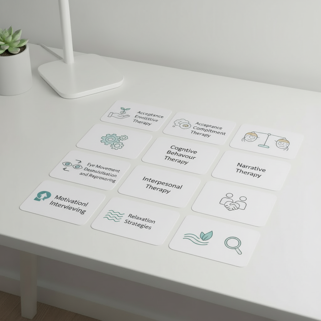 Create an image layout with 3 rows of 3 cards, each card depicting one of these psychological strategies: acceptance and commitment therapy, cognitive behaviour therapy, dialectical behaviour therapy, eye movement desensitisation and reprocessing, interpersonal therapy, narrative therapy, motivational interviewing, relaxation strategies, and problem-solving therapy. Each card should have a distinct graphic illustrating the named therapy or technique, presented in a modern, educational style.