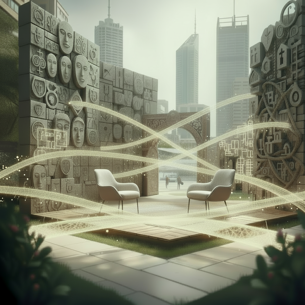 Remove the two people from the image. Keep everything else exactly as it is: retain the buildings in the background, the walls around the sides, and the chairs.