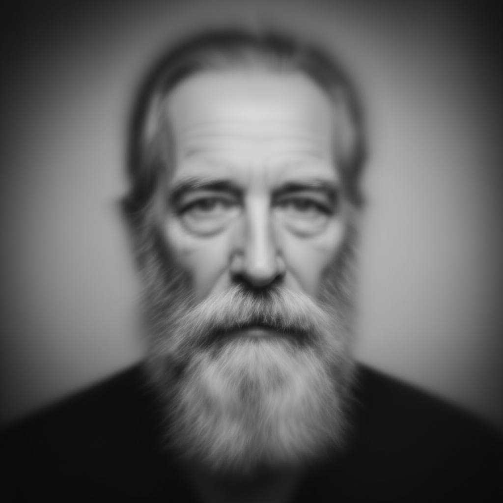 Make the man's eyes and nose appear out of focus and blurry, while keeping everything else as is.