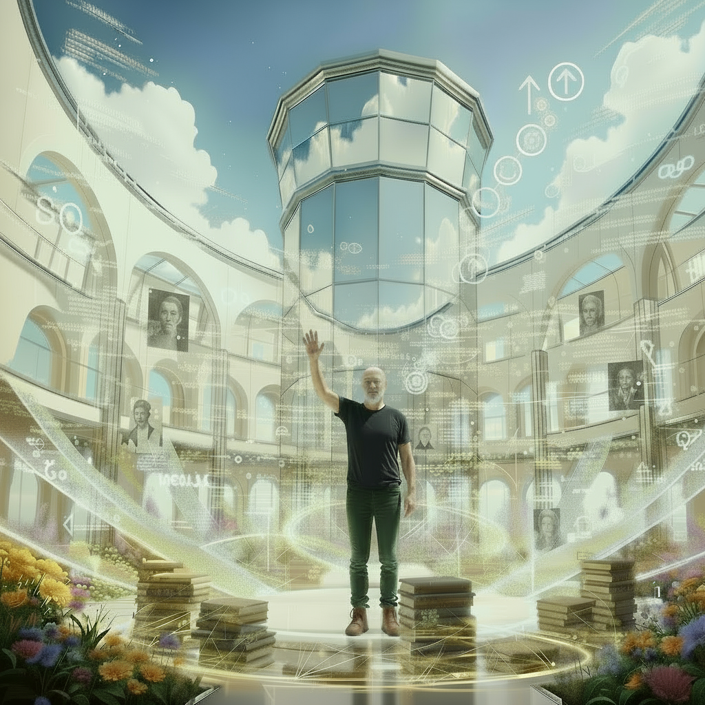 Make the man's upper body skinny and longer. Make the panopticon in the background more defined.